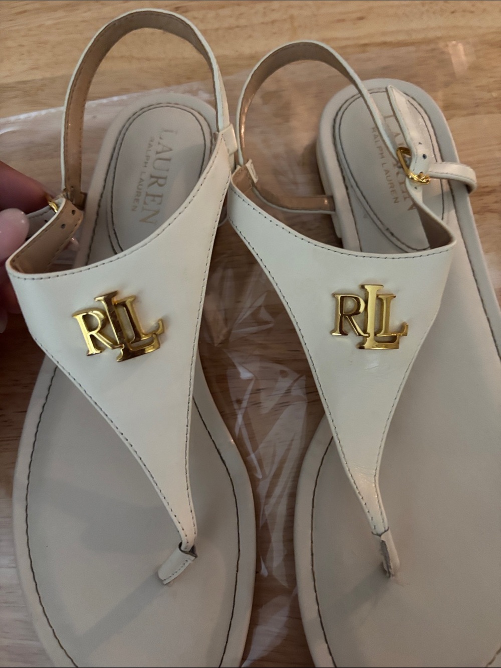 Lauren Ralph Lauren Cream Leather RL Logo Thong Sandals with Gold Hardware